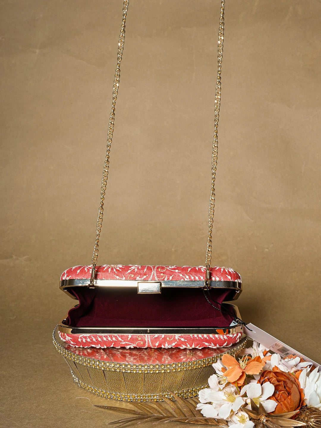Ada Hand Embroidered Rust Silk Lucknowi Chikankari Clutch With Zari Work 01A657089