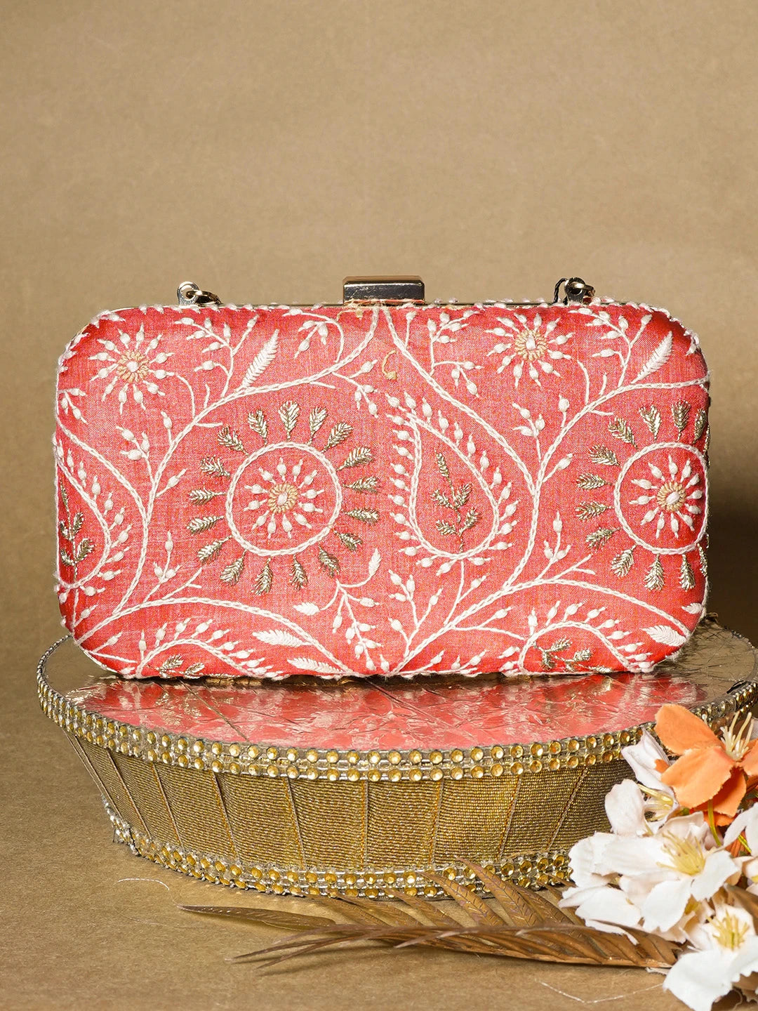 Ada Hand Embroidered Rust Silk Lucknowi Chikankari Clutch With Zari Work 01A657089