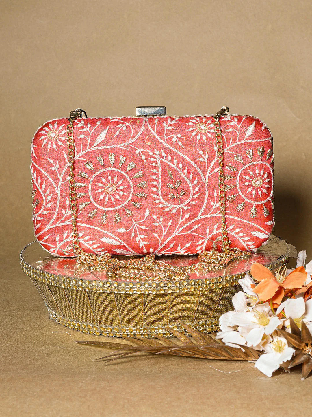 Ada Hand Embroidered Rust Silk Lucknowi Chikankari Clutch With Zari Work 01A657089