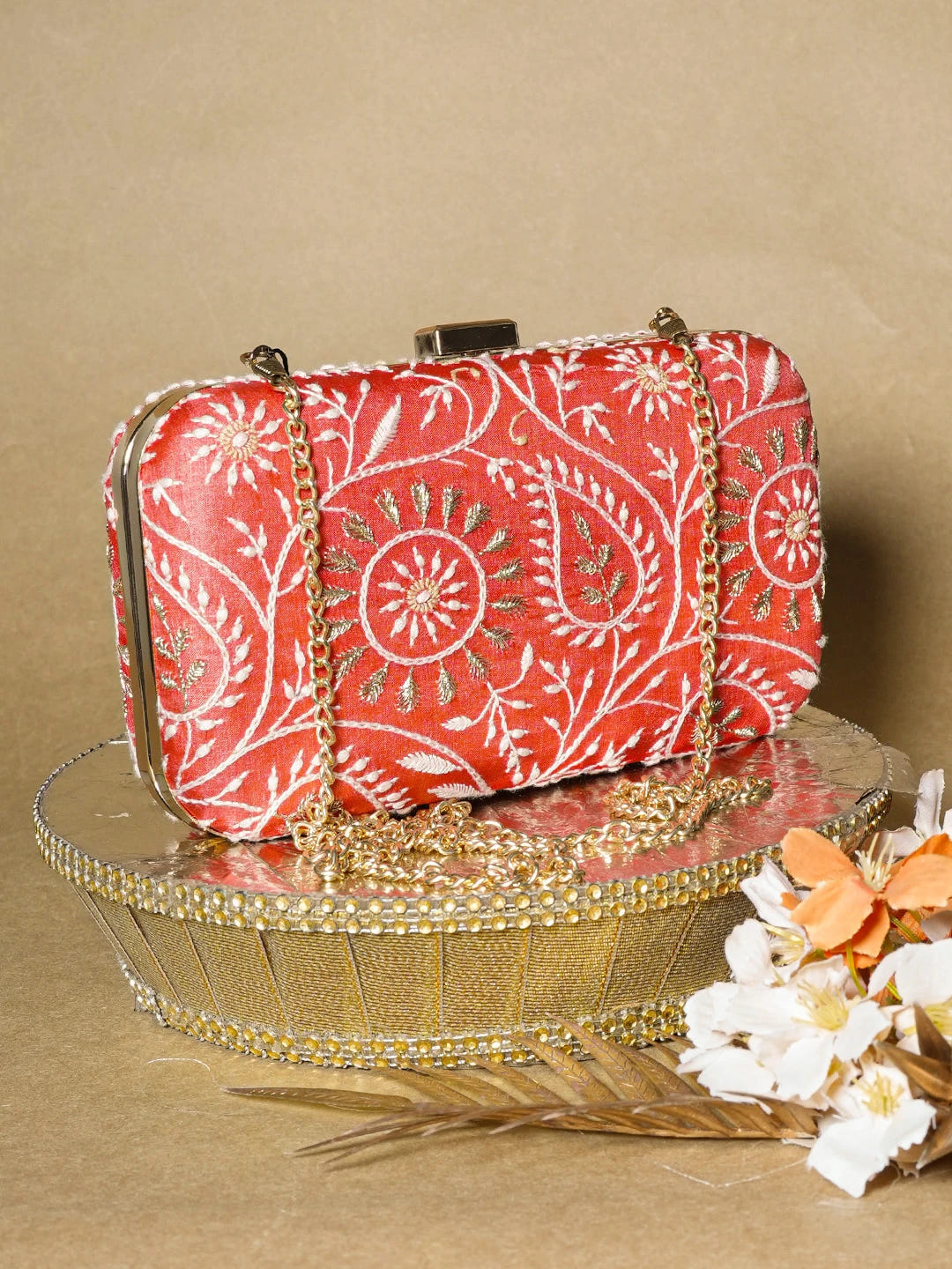 Ada Hand Embroidered Rust Silk Lucknowi Chikankari Clutch With Zari Work 01A657089