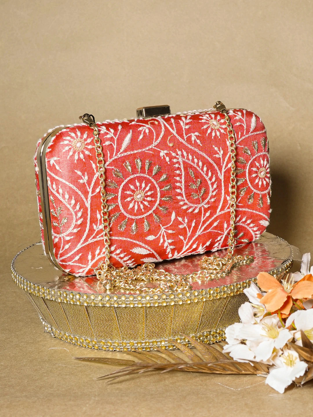 Ada Hand Embroidered Rust Silk Lucknowi Chikankari Clutch With Zari Work 01A657089