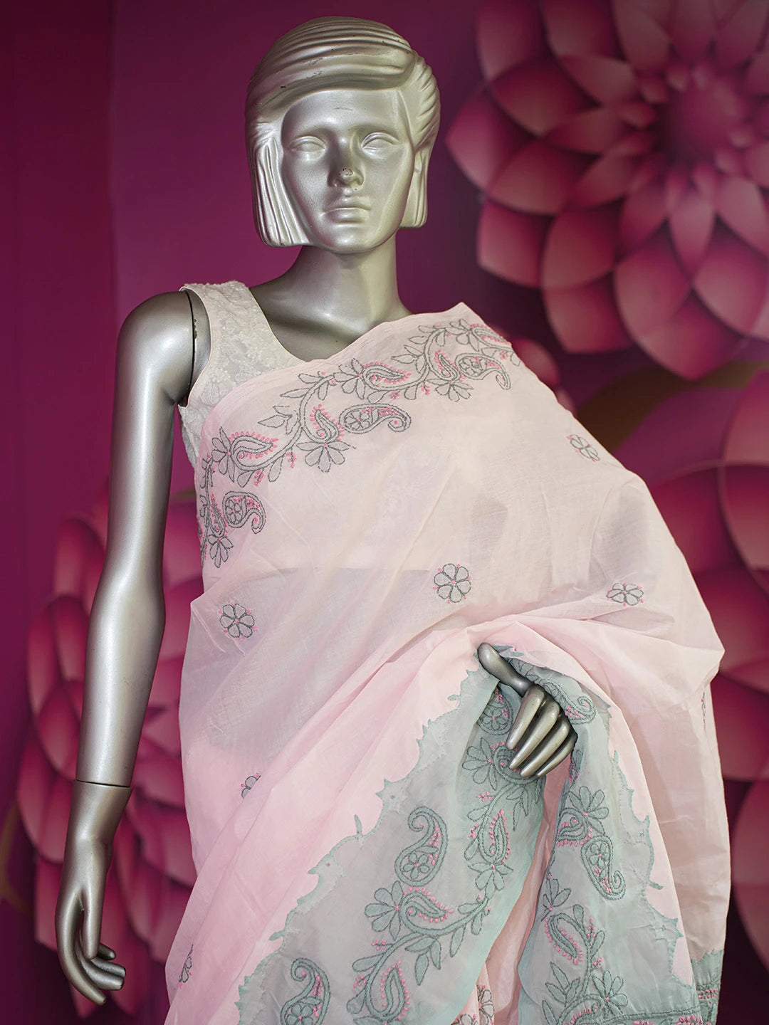 Ada Hand Embroidered Pink & Grey Cotton Lucknowi Chikankari Saree With Blouse 01A615027