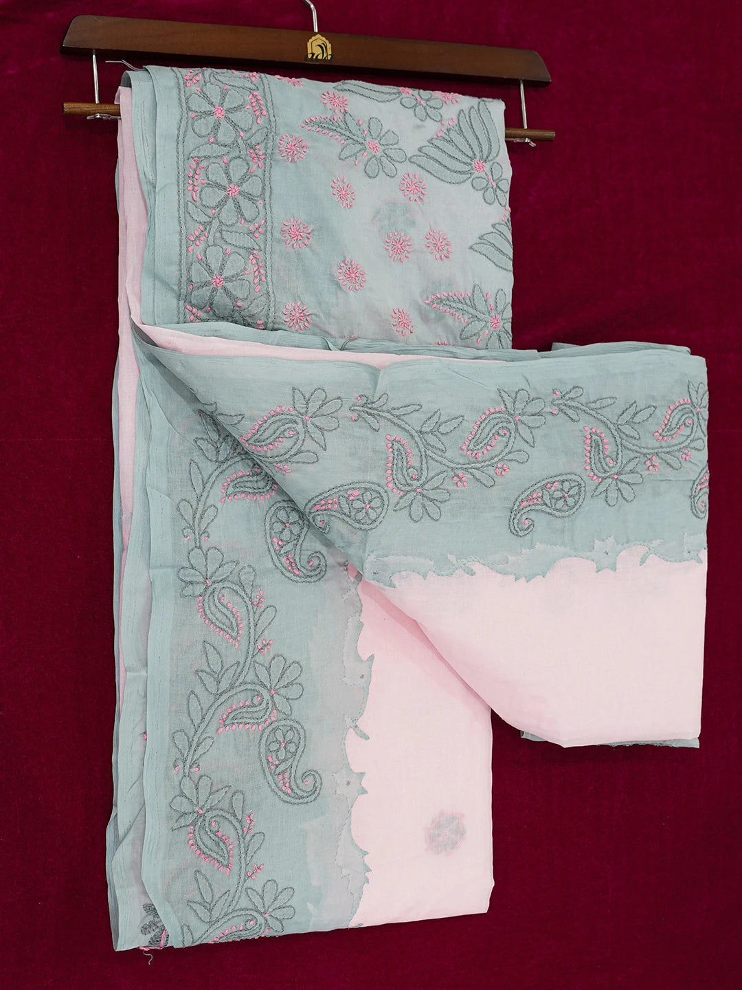 Ada Hand Embroidered Pink & Grey Cotton Lucknowi Chikankari Saree With Blouse 01A615027