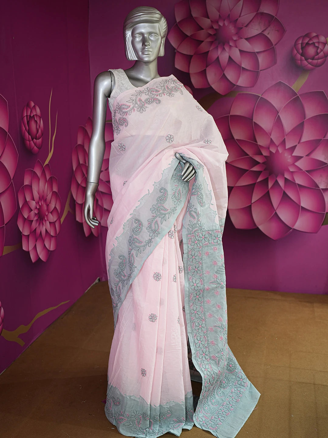 Ada Hand Embroidered Pink & Grey Cotton Lucknowi Chikankari Saree With Blouse 01A615027