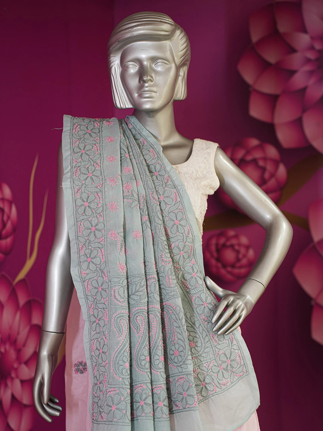 Ada Hand Embroidered Pink & Grey Cotton Lucknowi Chikankari Saree With Blouse 01A615027