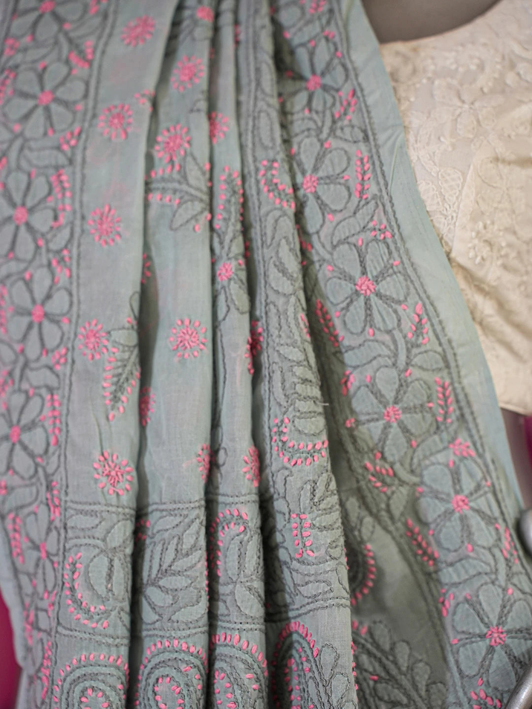 Ada Hand Embroidered Pink & Grey Cotton Lucknowi Chikankari Saree With Blouse 01A615027