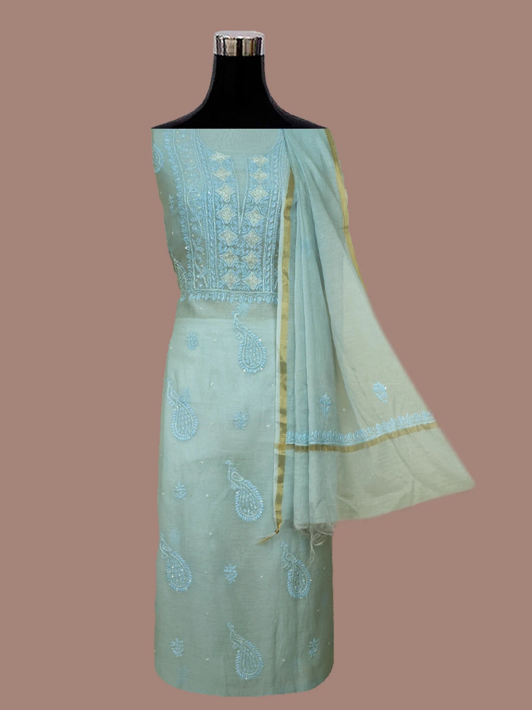 Ada Hand Embroidered Maya Blue Chanderi Lucknowi Chikankari Unstitched Kurta Dupatta Set With Cutdana Work 01A631620