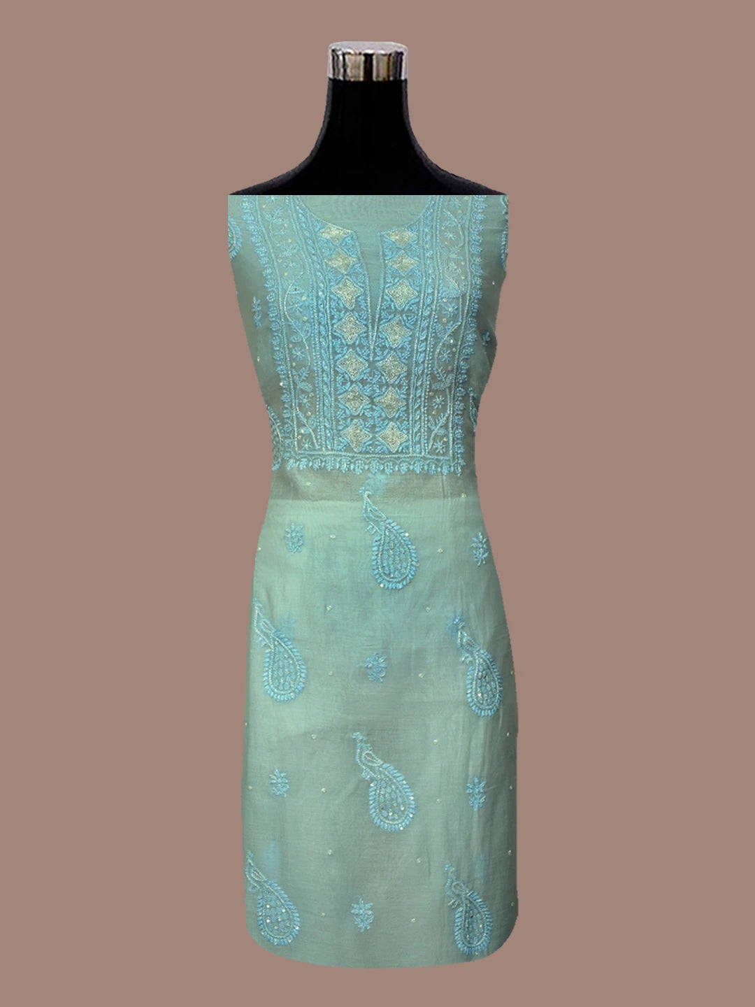 Ada Hand Embroidered Maya Blue Chanderi Lucknowi Chikankari Unstitched Kurta Dupatta Set With Cutdana Work 01A631620
