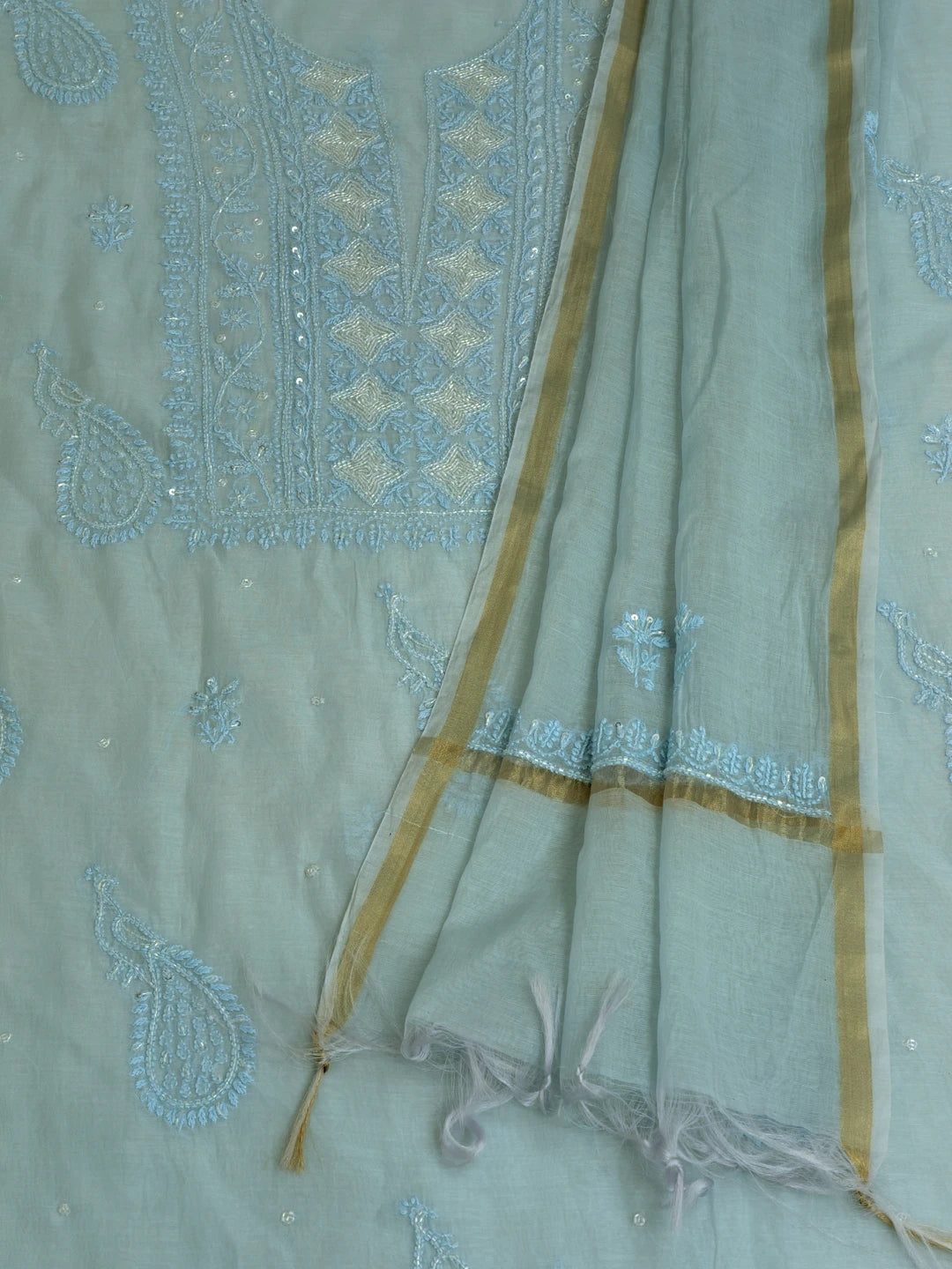 Ada Hand Embroidered Maya Blue Chanderi Lucknowi Chikankari Unstitched Kurta Dupatta Set With Cutdana Work 01A631620