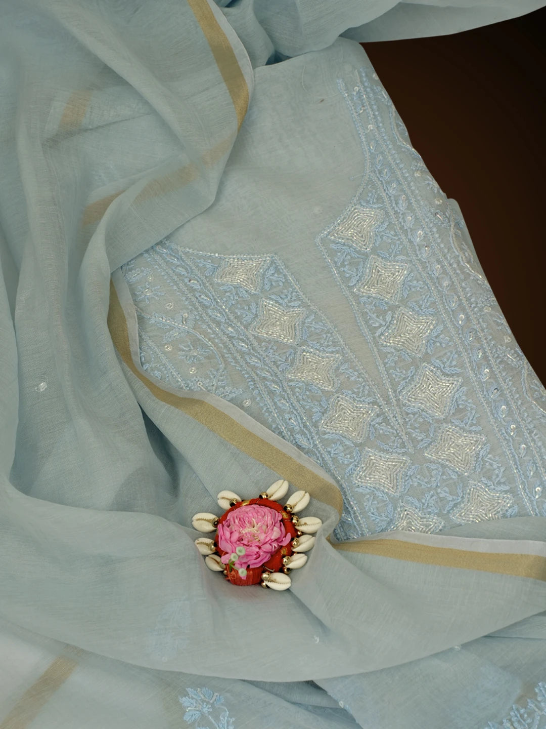 Ada Hand Embroidered Maya Blue Chanderi Lucknowi Chikankari Unstitched Kurta Dupatta Set With Cutdana Work 01A631620