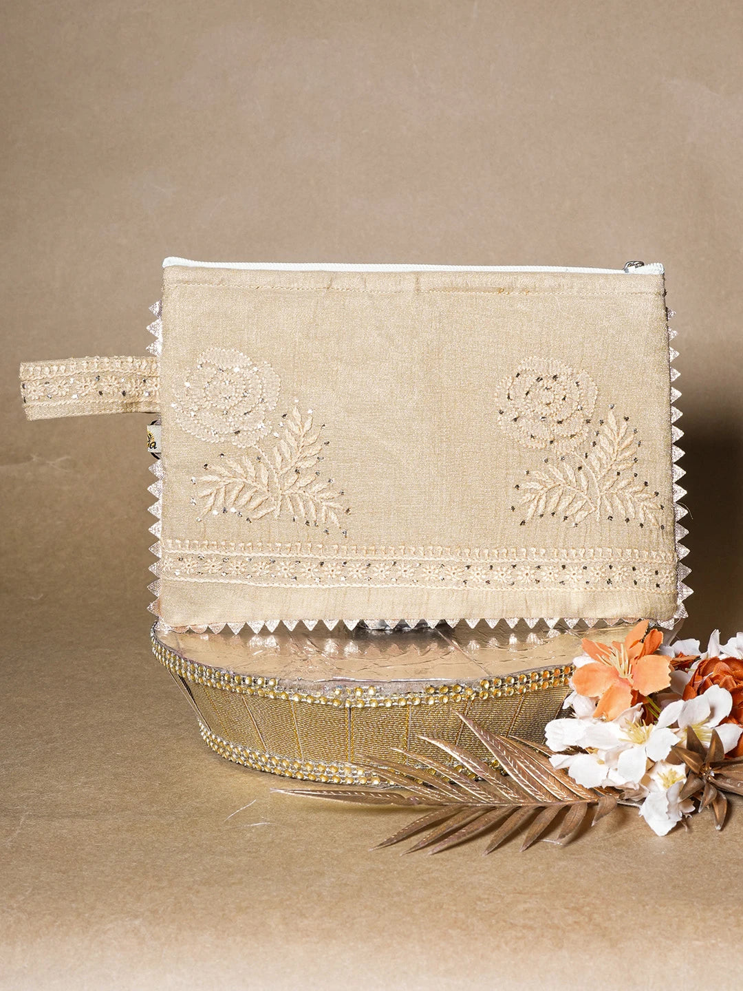 Ada Hand Embroidered Fawn Tissue Lucknowi Chikankari Pouch with Muqaish Work 01A630971
