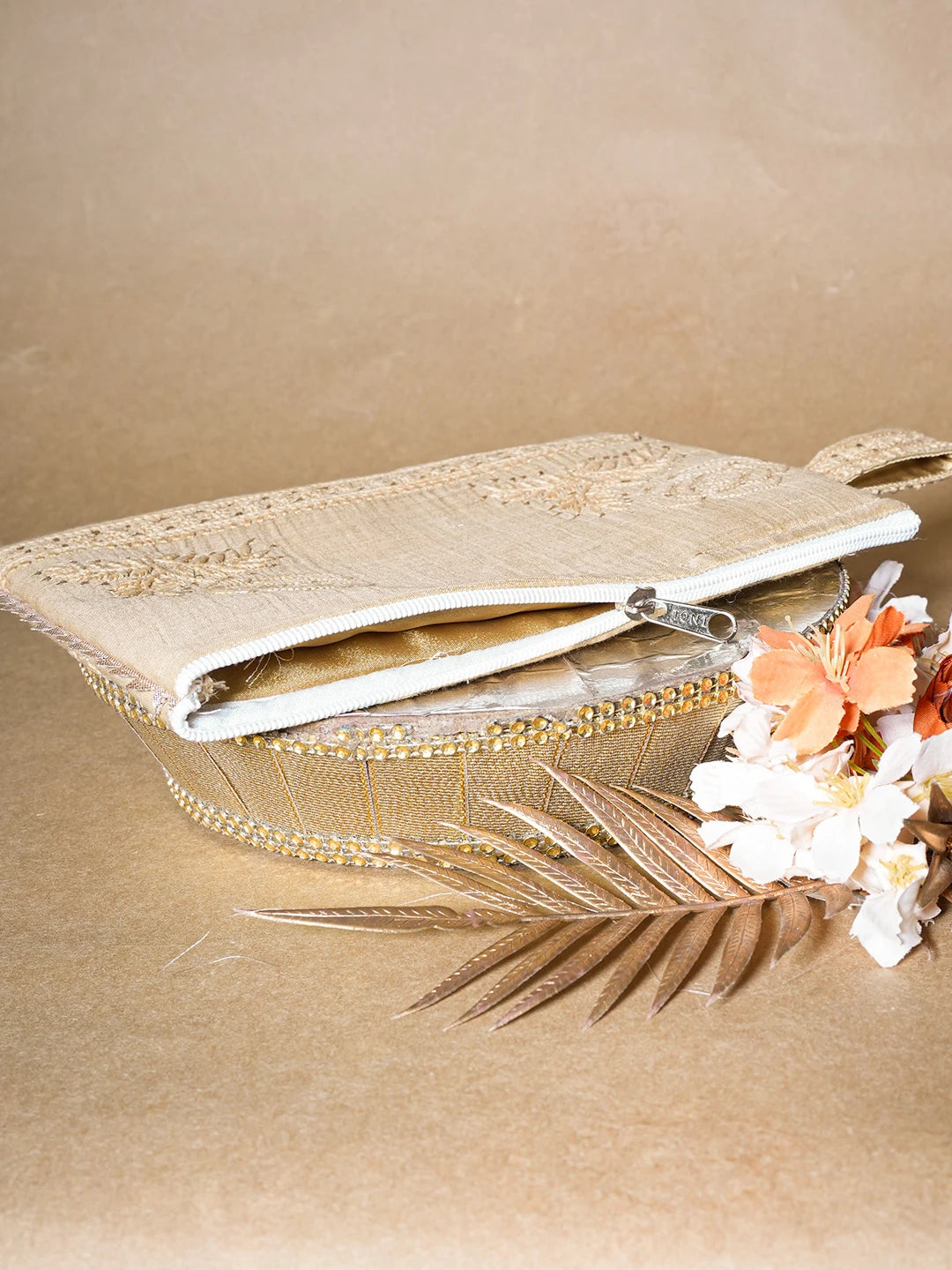 Ada Hand Embroidered Fawn Tissue Lucknowi Chikankari Pouch with Muqaish Work 01A630971