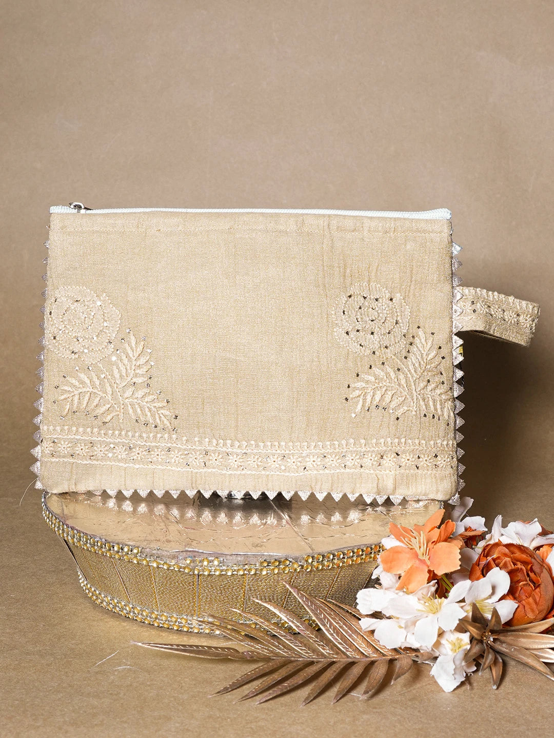 Ada Hand Embroidered Fawn Tissue Lucknowi Chikankari Pouch with Muqaish Work 01A630971
