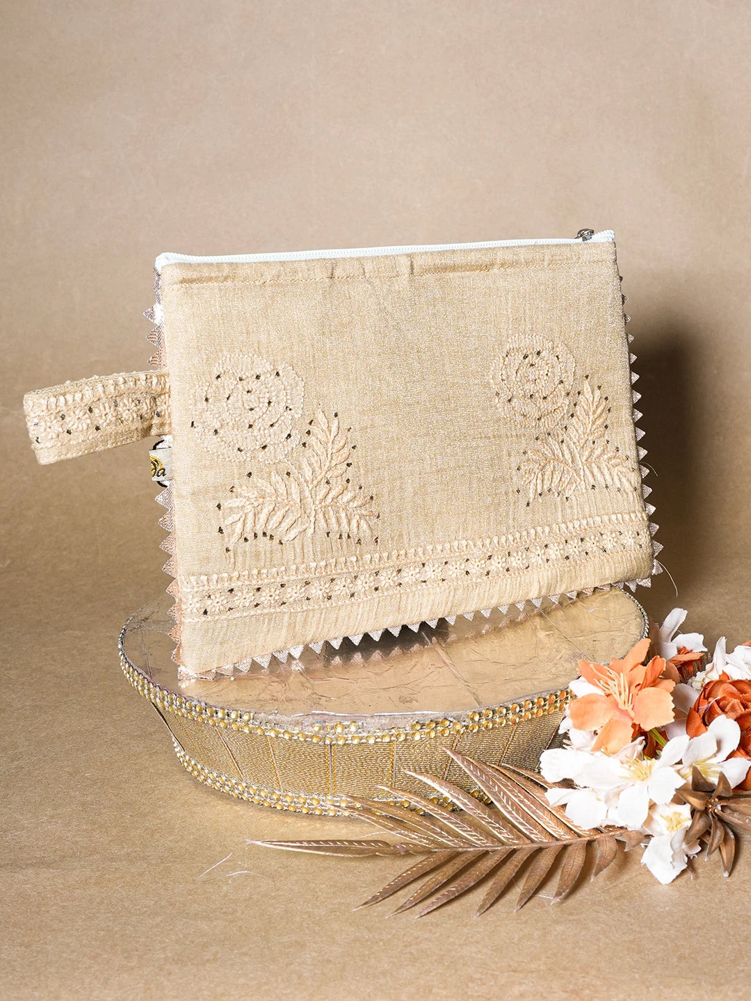 Ada Hand Embroidered Fawn Tissue Lucknowi Chikankari Pouch with Muqaish Work 01A630971