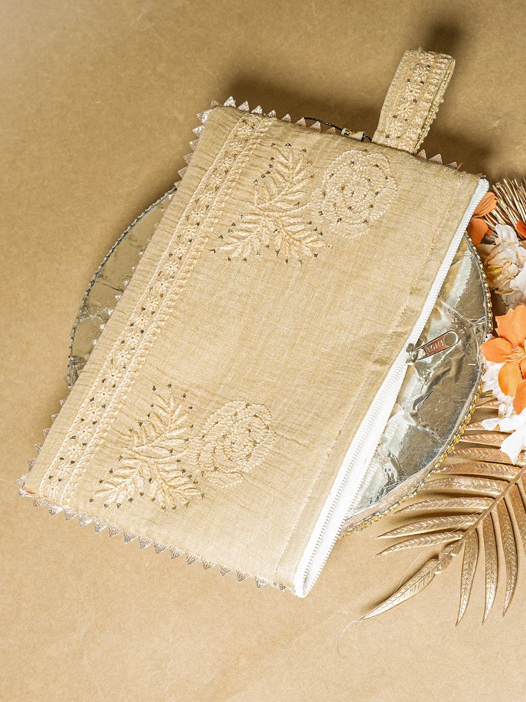 Ada Hand Embroidered Fawn Tissue Lucknowi Chikankari Pouch with Muqaish Work 01A630971