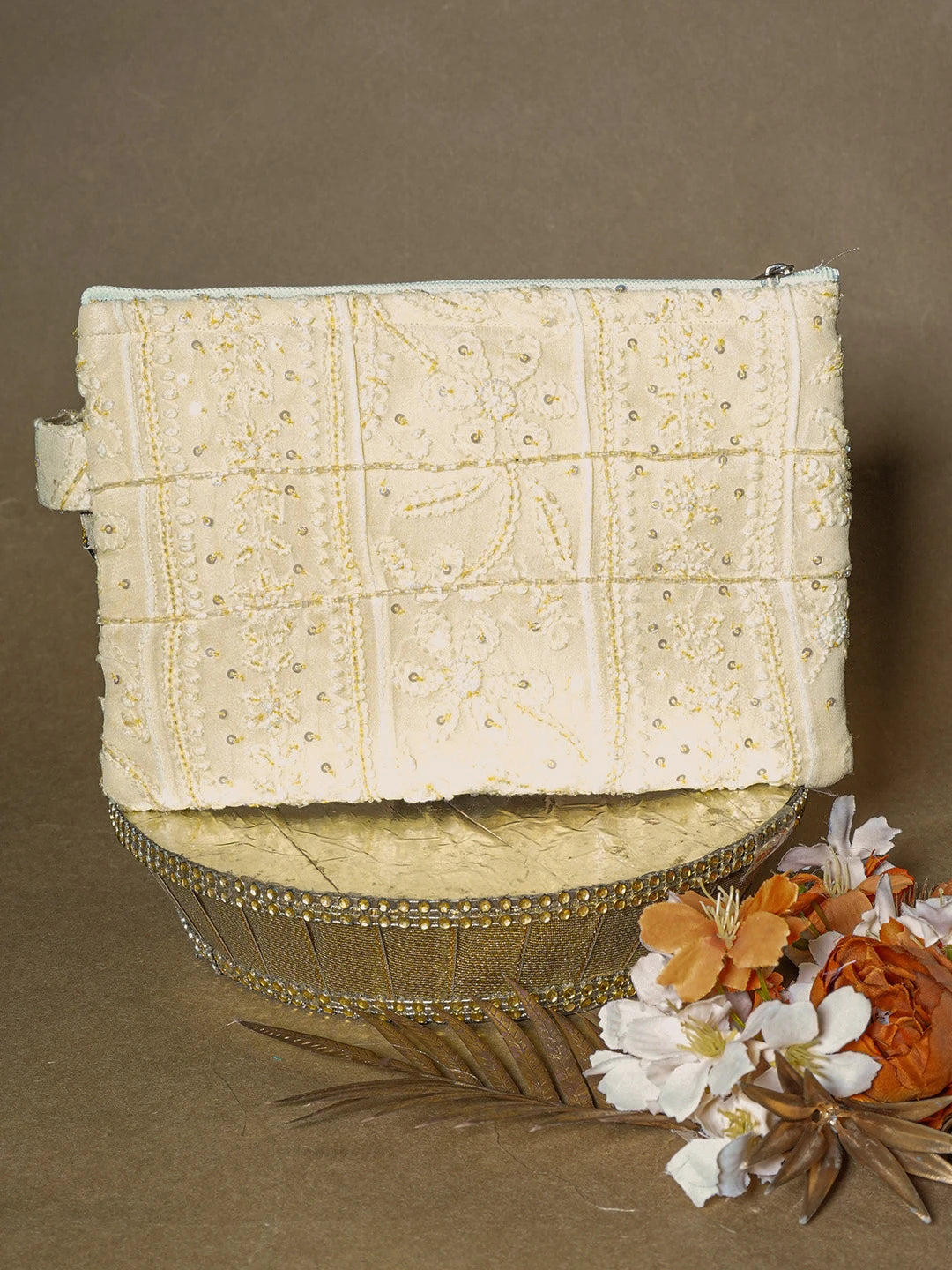 Ada Hand Embroidered Citron Yellow Viscose Georgette Lucknowi Chikankari Pouch with Cutdana Work 01A626748