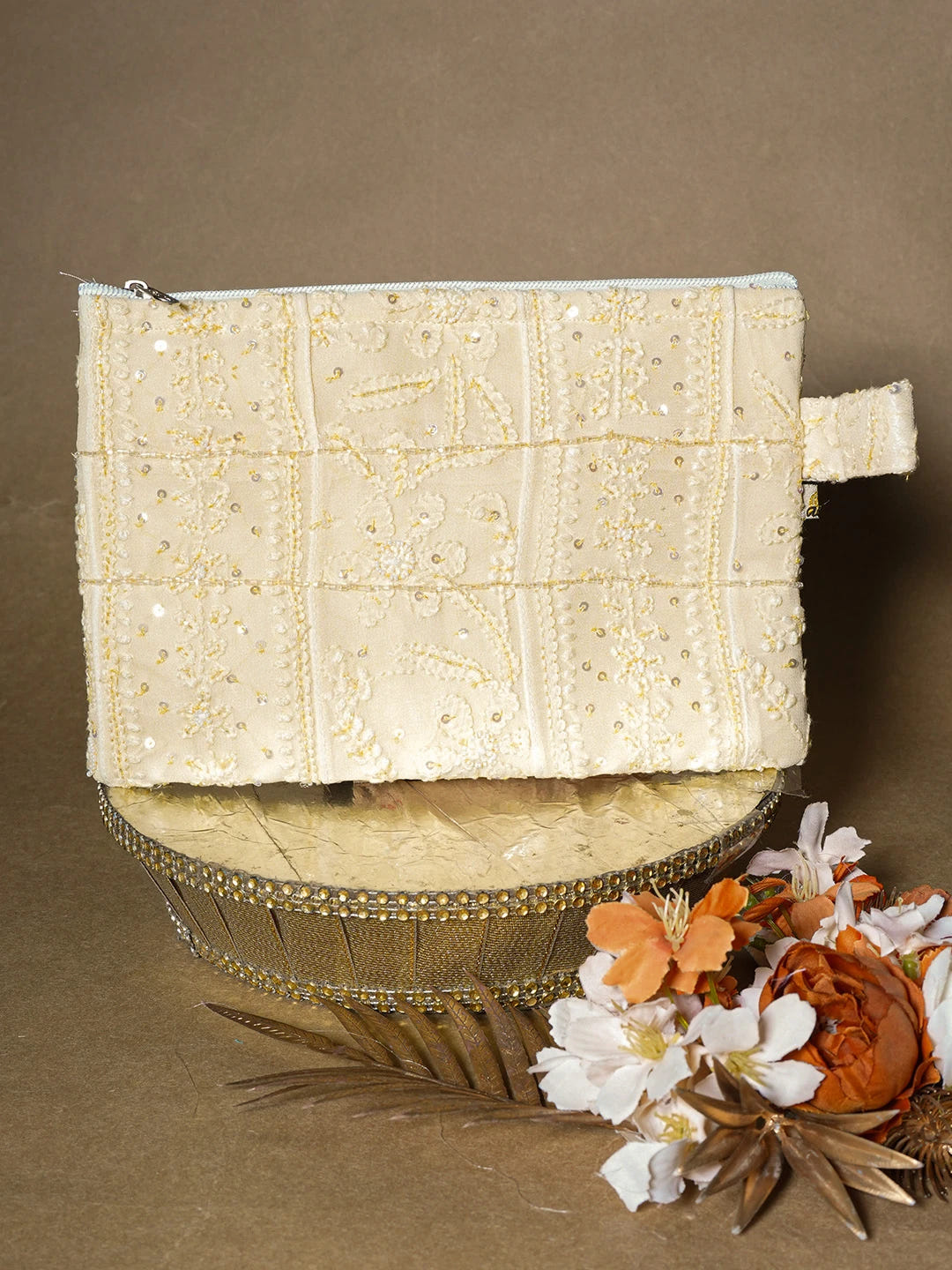 Ada Hand Embroidered Citron Yellow Viscose Georgette Lucknowi Chikankari Pouch with Cutdana Work 01A626748