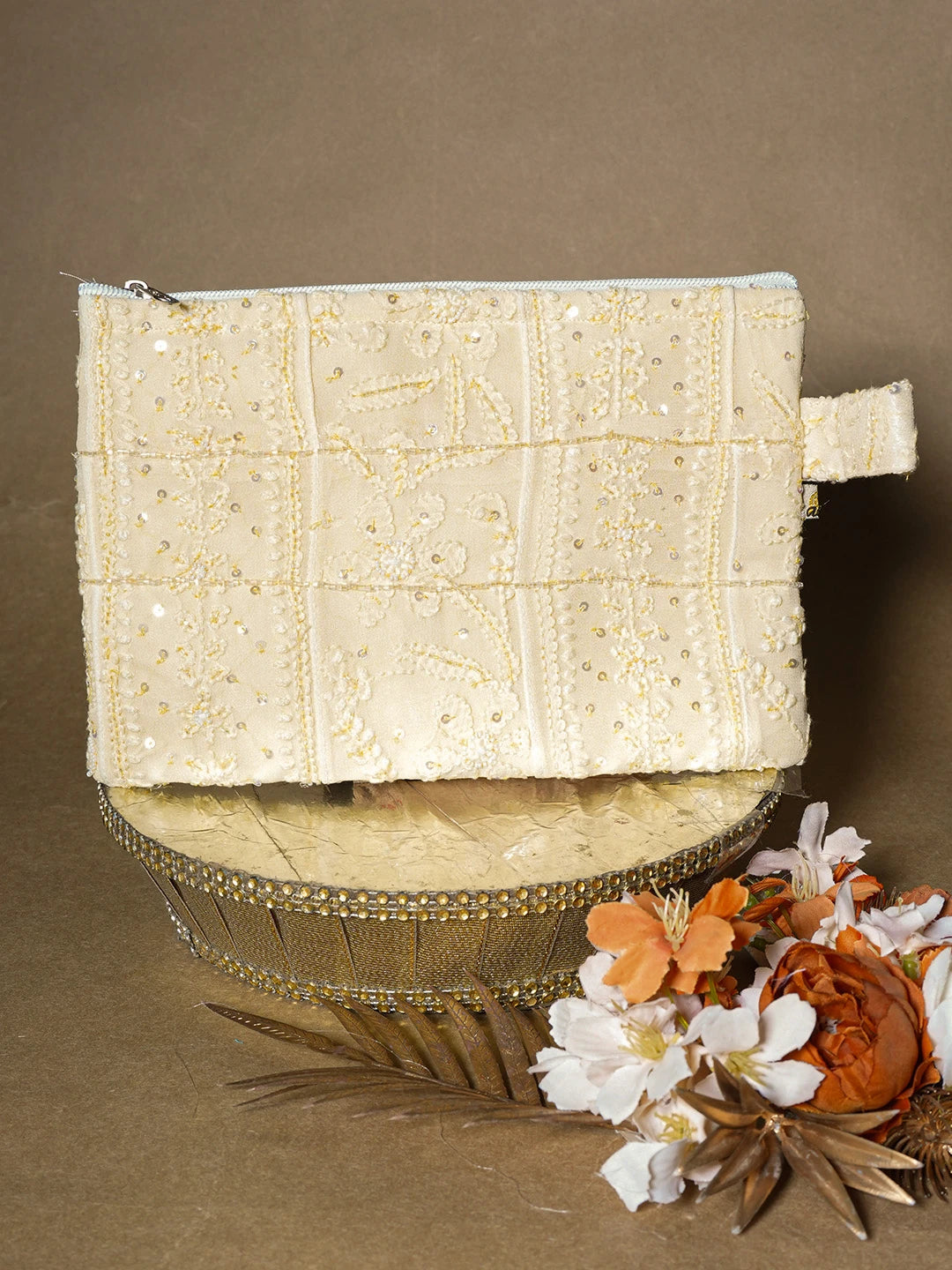 Ada Hand Embroidered Citron Yellow Viscose Georgette Lucknowi Chikankari Pouch with Cutdana Work 01A626748