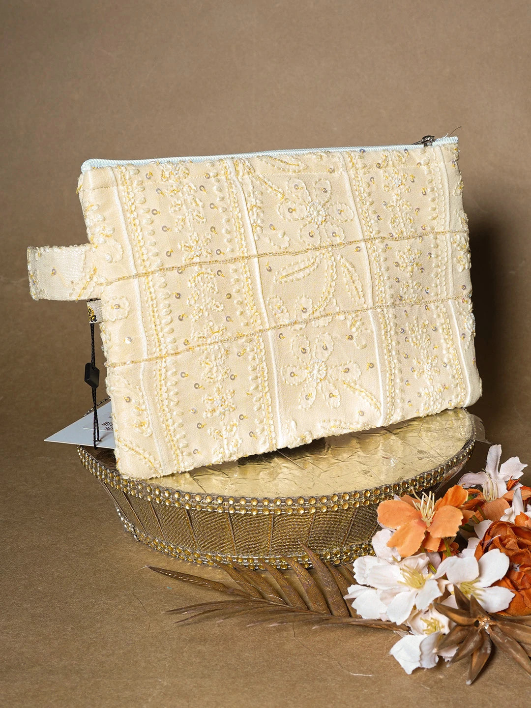 Ada Hand Embroidered Citron Yellow Viscose Georgette Lucknowi Chikankari Pouch with Cutdana Work 01A626748