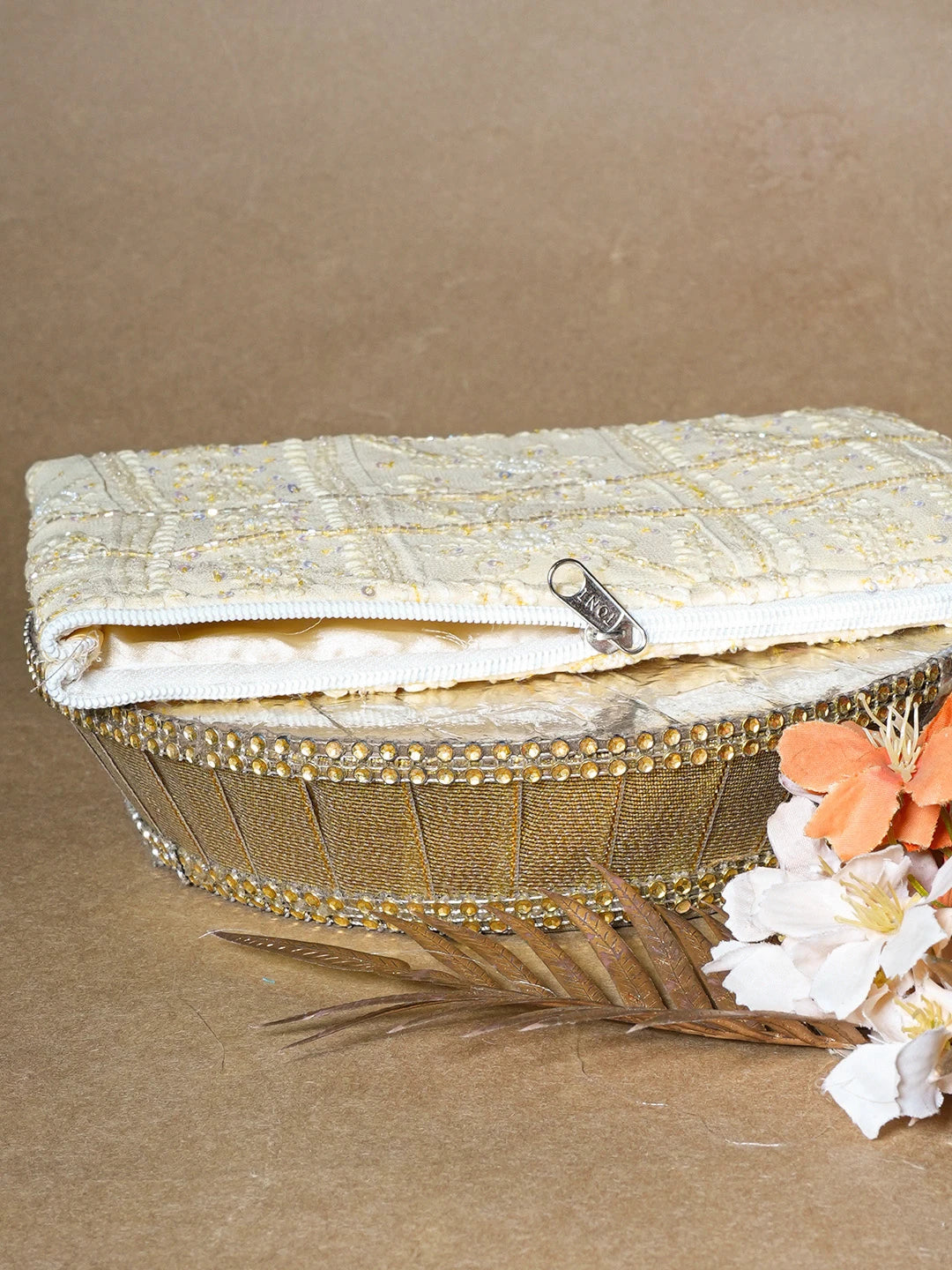 Ada Hand Embroidered Citron Yellow Viscose Georgette Lucknowi Chikankari Pouch with Cutdana Work 01A626748