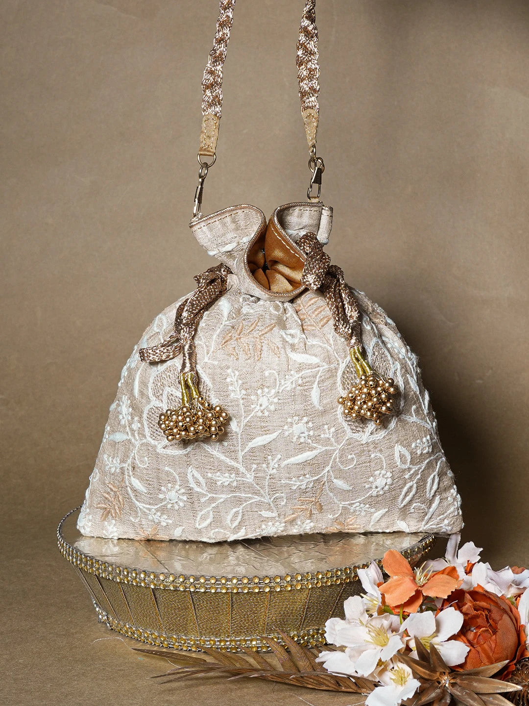 Ada Hand Embroidered Fawn Silk Lucknowi Chikankari Potli Bag With Zari Work 01A662327