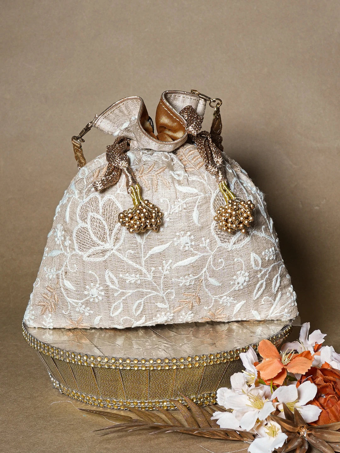 Ada Hand Embroidered Fawn Silk Lucknowi Chikankari Potli Bag With Zari Work 01A662327