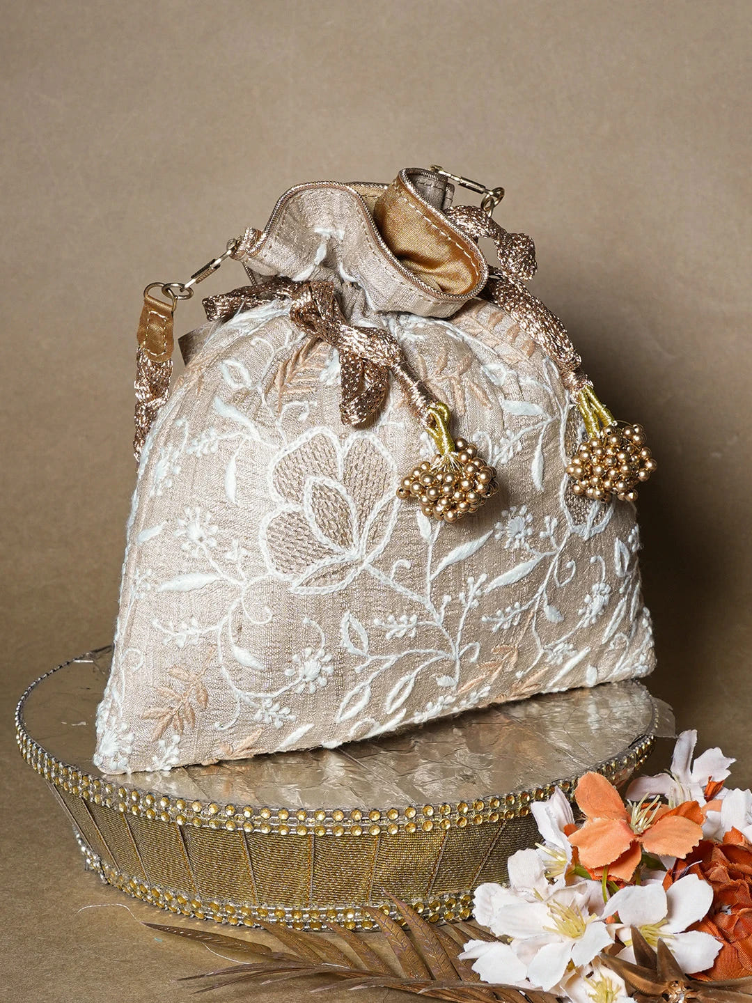 Ada Hand Embroidered Fawn Silk Lucknowi Chikankari Potli Bag With Zari Work 01A662327