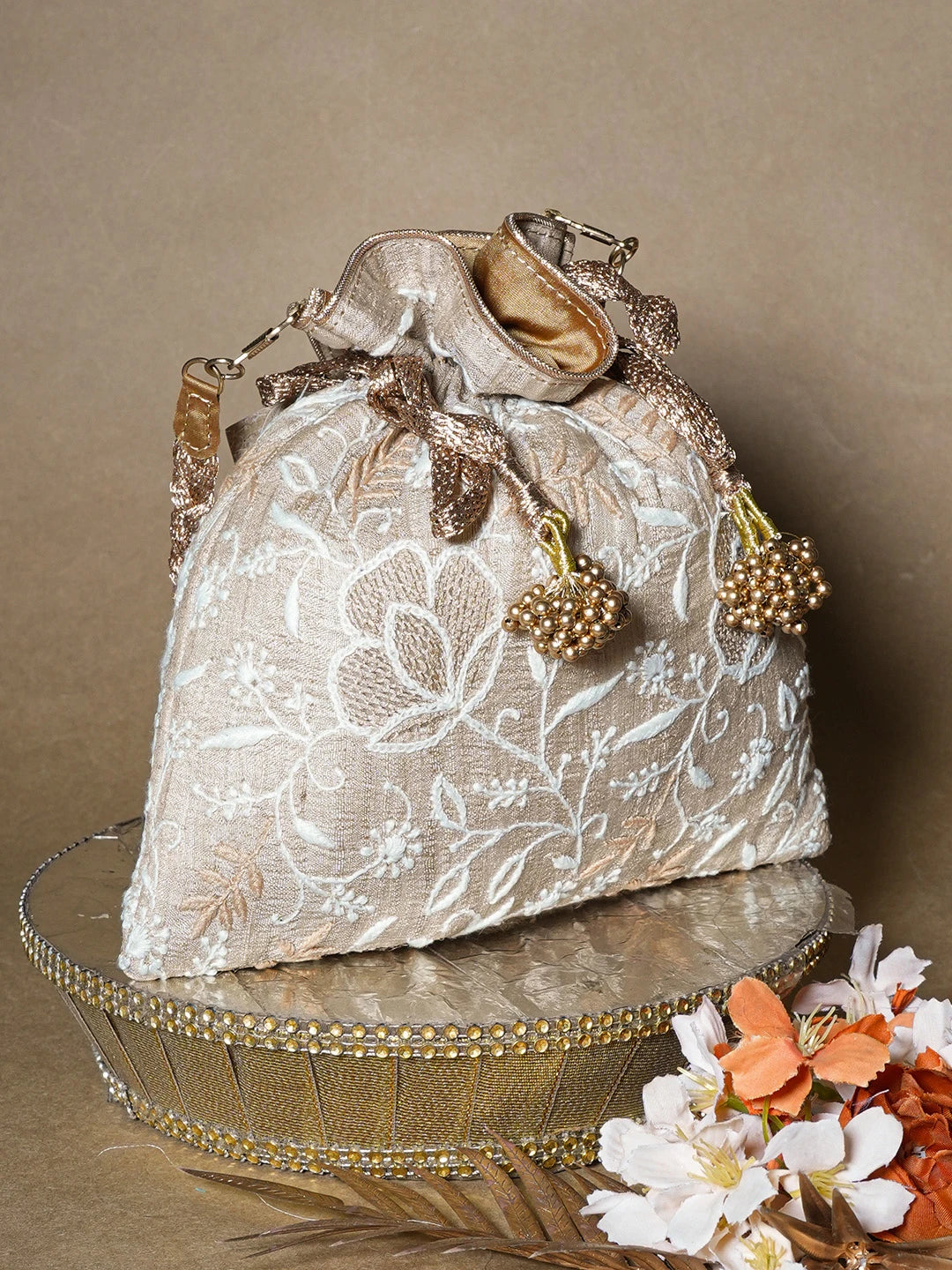 Ada Hand Embroidered Fawn Silk Lucknowi Chikankari Potli Bag With Zari Work 01A662327