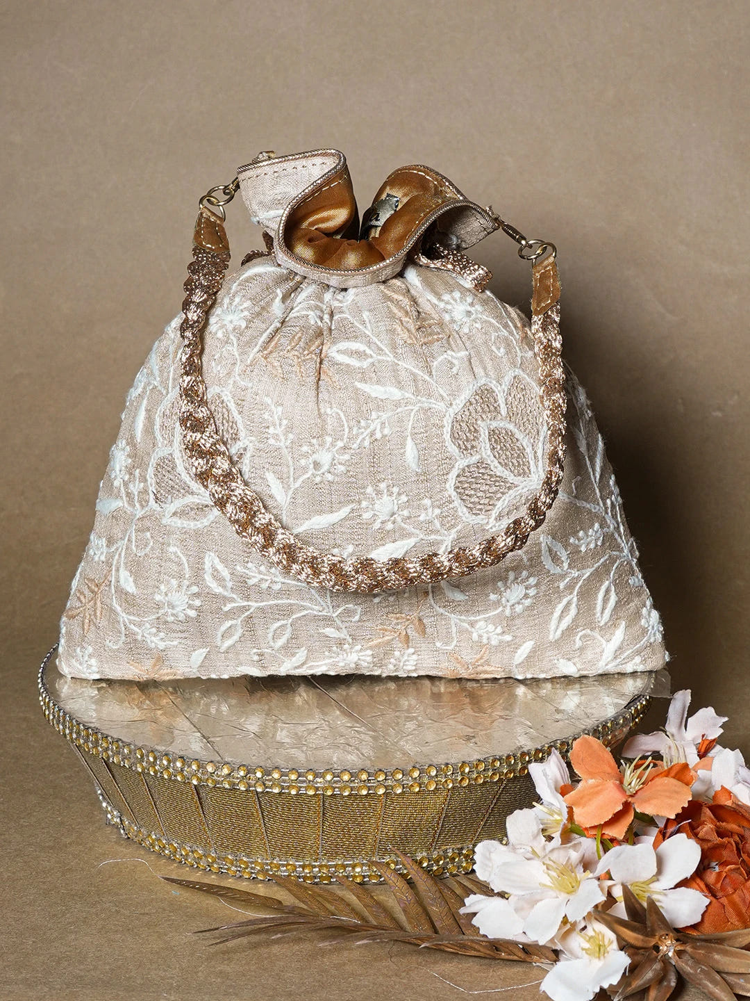 Ada Hand Embroidered Fawn Silk Lucknowi Chikankari Potli Bag With Zari Work 01A662327
