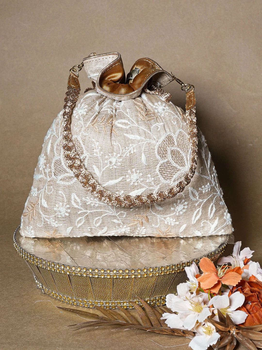Ada Hand Embroidered Fawn Silk Lucknowi Chikankari Potli Bag With Zari Work 01A662327