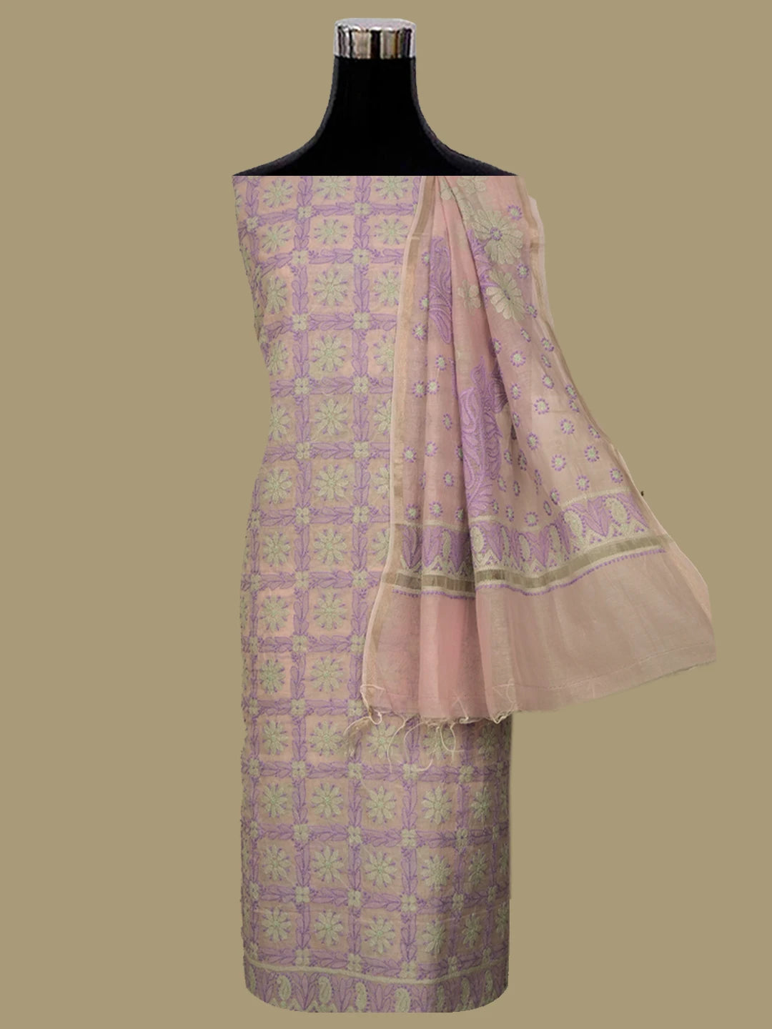 Ada Hand Embroidered Pink Chanderi Lucknowi Chikankari Unstitched Kurta Dupatta Set 01A637912