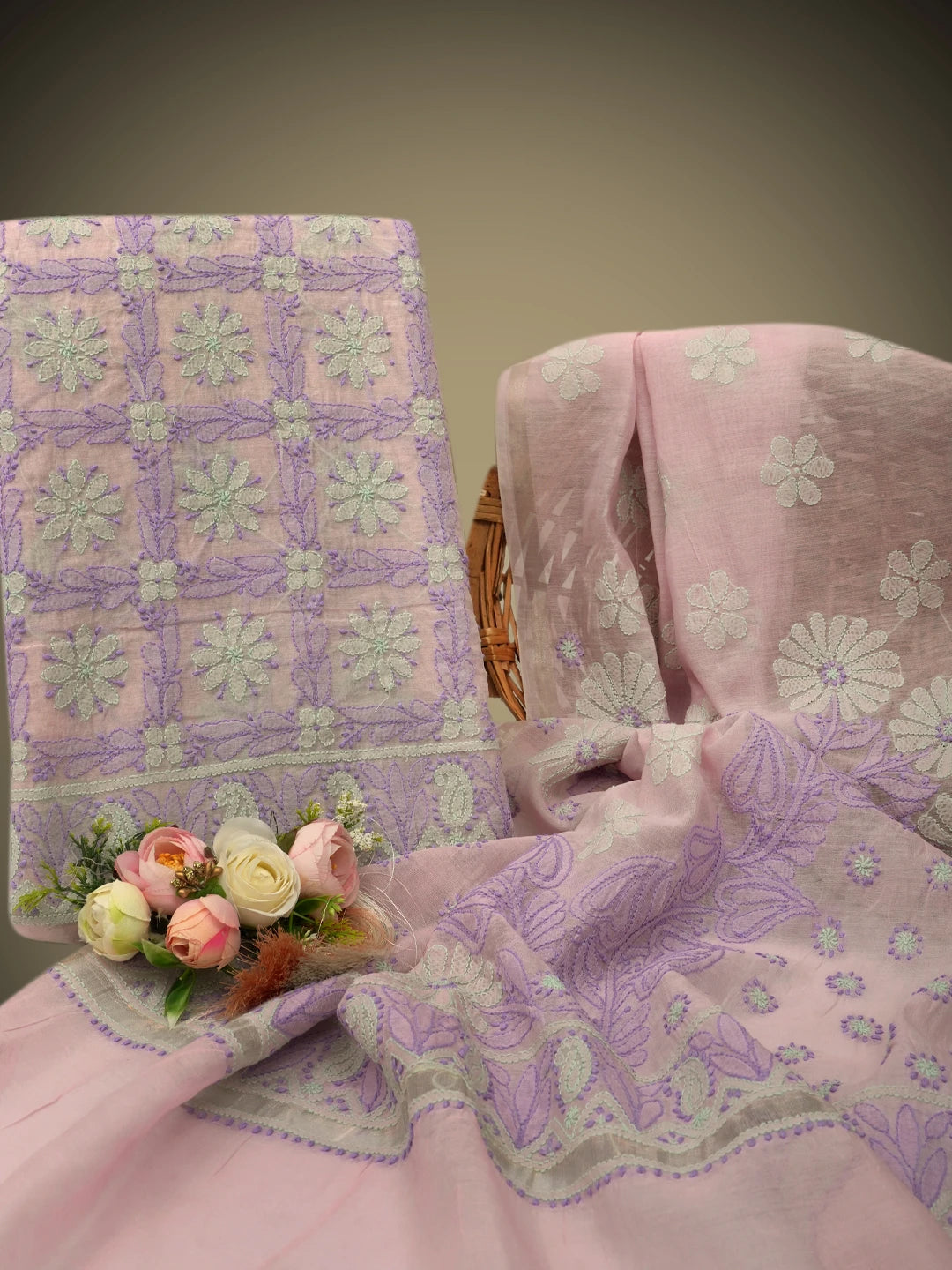 Ada Hand Embroidered Pink Chanderi Lucknowi Chikankari Unstitched Kurta Dupatta Set 01A637912