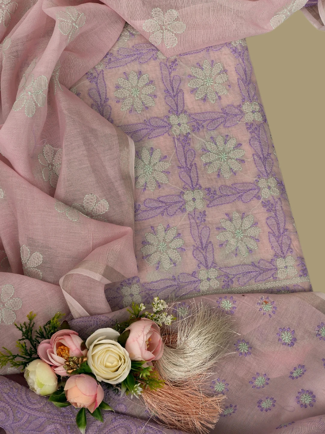 Ada Hand Embroidered Pink Chanderi Lucknowi Chikankari Unstitched Kurta Dupatta Set 01A637912