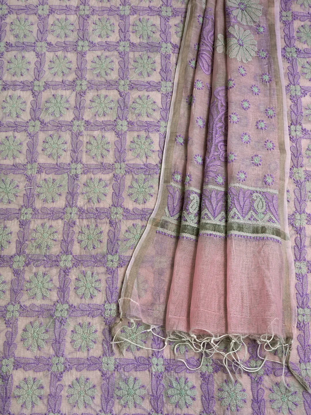 Ada Hand Embroidered Pink Chanderi Lucknowi Chikankari Unstitched Kurta Dupatta Set 01A637912
