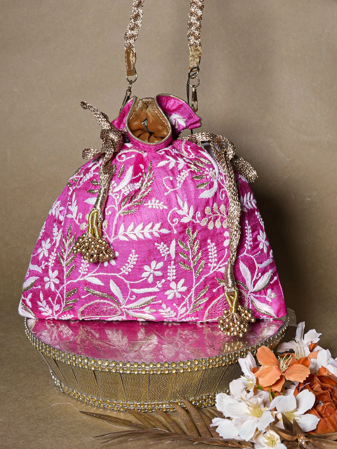 Ada Hand Embroidered Magenta Silk Lucknowi Chikankari Potli Bag With Zari Work 01A662355