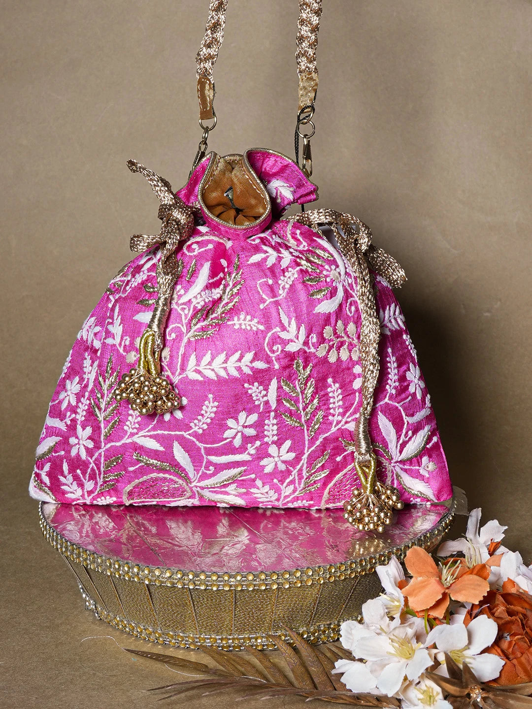 Ada Hand Embroidered Magenta Silk Lucknowi Chikankari Potli Bag With Zari Work 01A662355