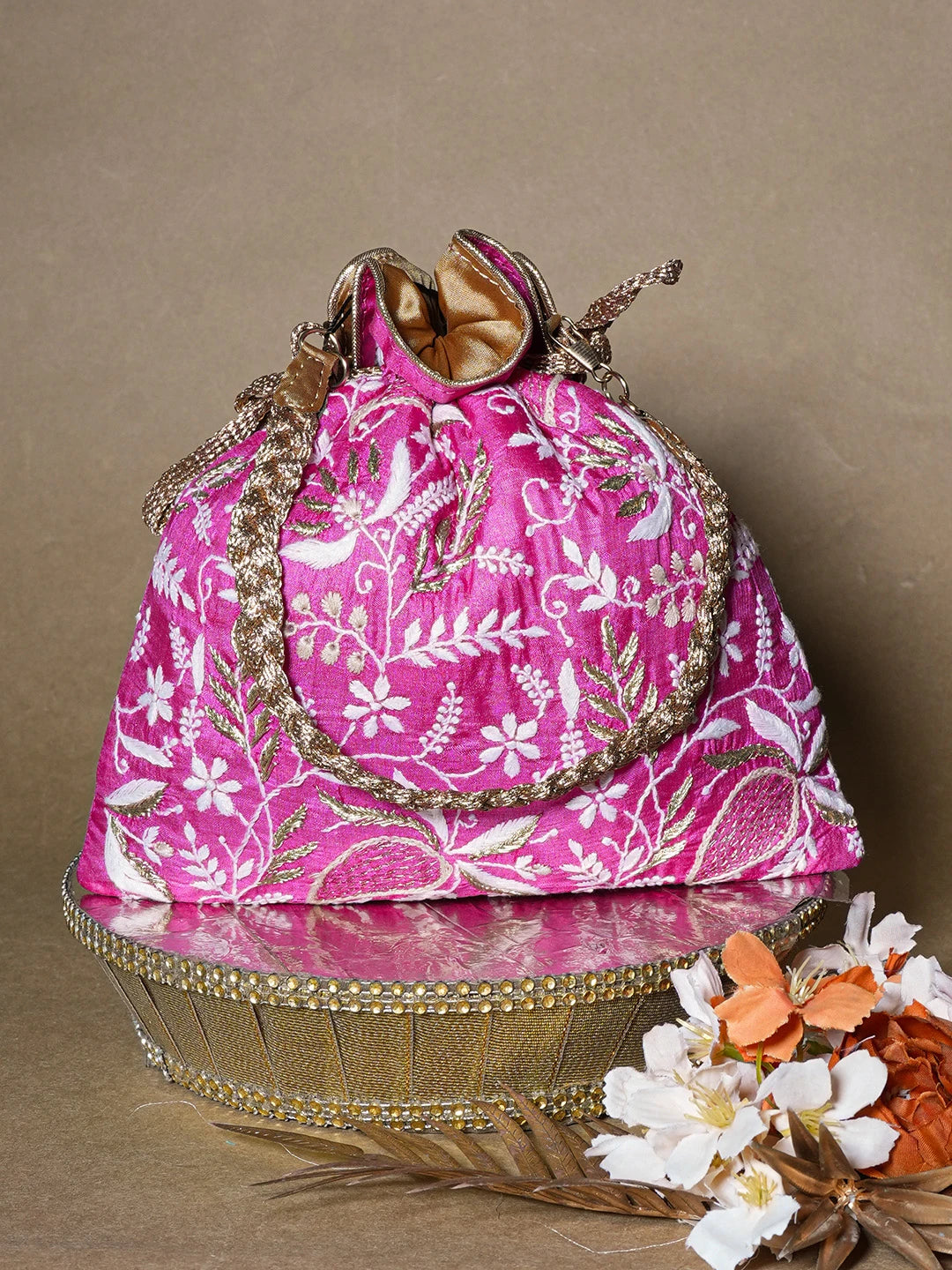 Ada Hand Embroidered Magenta Silk Lucknowi Chikankari Potli Bag With Zari Work 01A662355