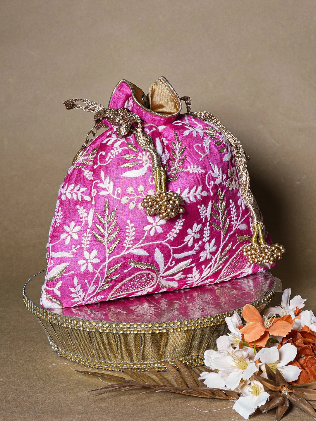 Ada Hand Embroidered Magenta Silk Lucknowi Chikankari Potli Bag With Zari Work 01A662355
