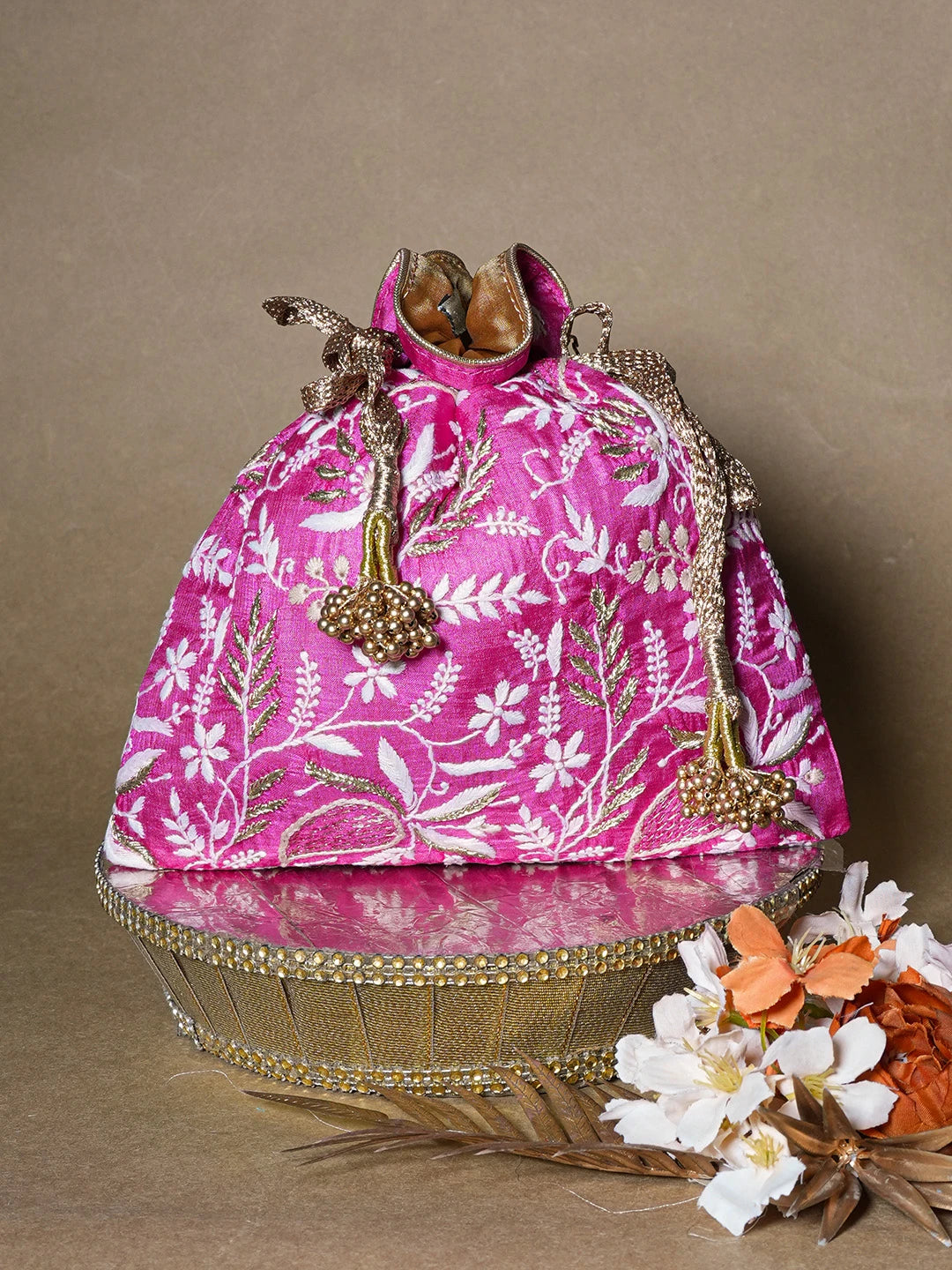 Ada Hand Embroidered Magenta Silk Lucknowi Chikankari Potli Bag With Zari Work 01A662355
