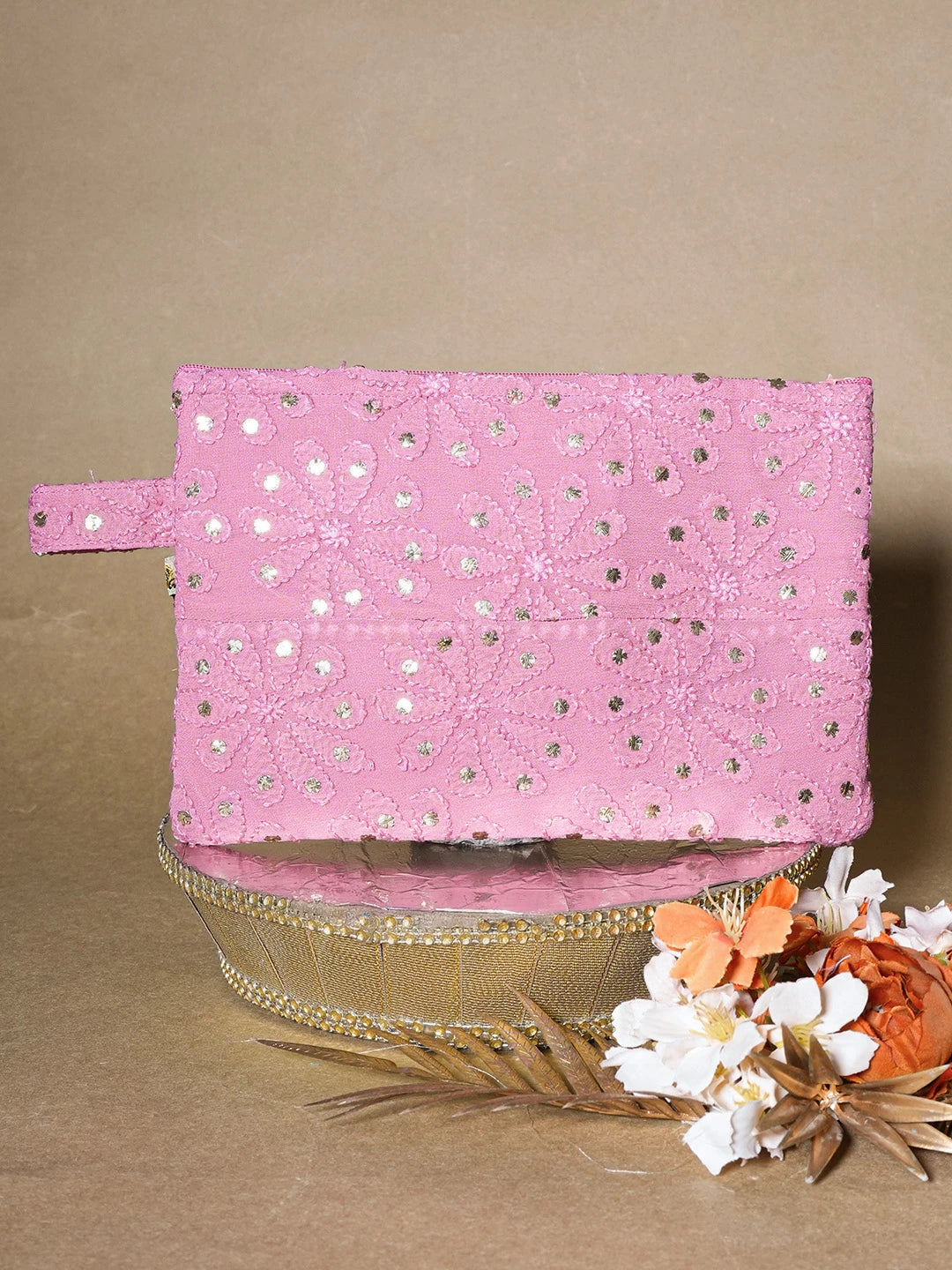 Ada Hand Embroidered Onion Pink Viscose Georgette Lucknowi Chikankari Pouch with Muqaish Work 01A659043