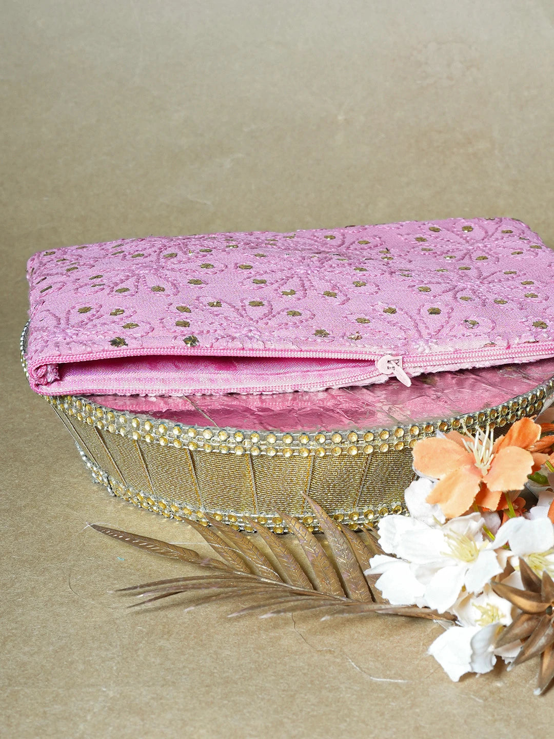 Ada Hand Embroidered Onion Pink Viscose Georgette Lucknowi Chikankari Pouch with Muqaish Work 01A659043