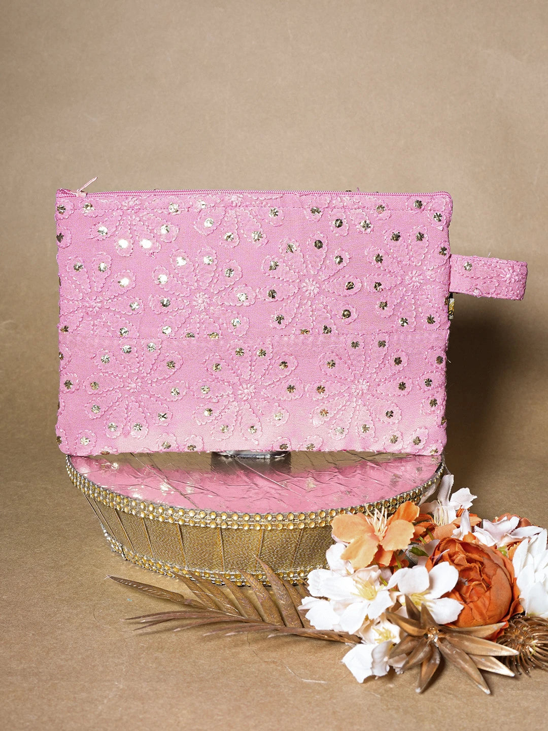 Ada Hand Embroidered Onion Pink Viscose Georgette Lucknowi Chikankari Pouch with Muqaish Work 01A659043