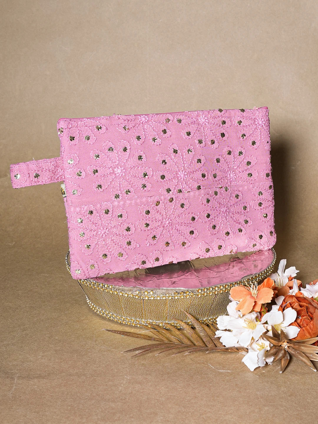 Ada Hand Embroidered Onion Pink Viscose Georgette Lucknowi Chikankari Pouch with Muqaish Work 01A659043