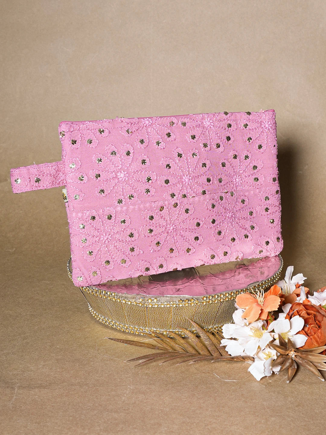 Ada Hand Embroidered Onion Pink Viscose Georgette Lucknowi Chikankari Pouch with Muqaish Work 01A659043