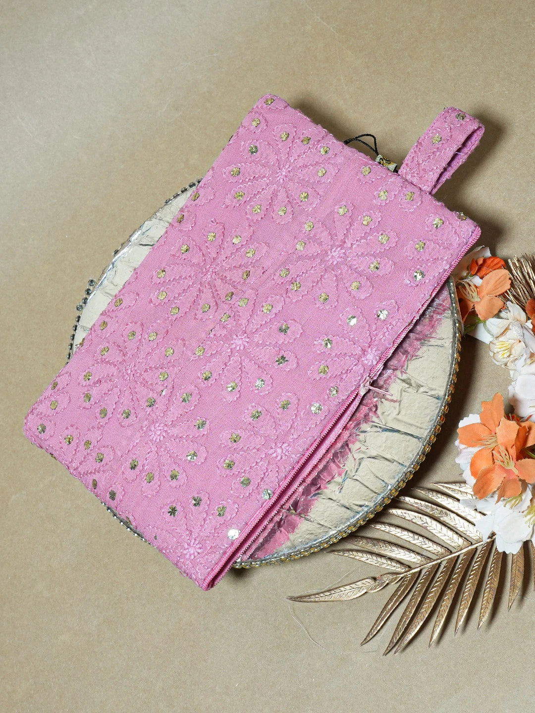 Ada Hand Embroidered Onion Pink Viscose Georgette Lucknowi Chikankari Pouch with Muqaish Work 01A659043