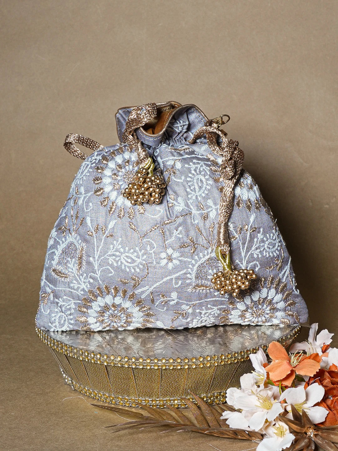 Ada Hand Embroidered Grey Silk Lucknowi Chikankari Potli Bag With Zari Work 01A662345