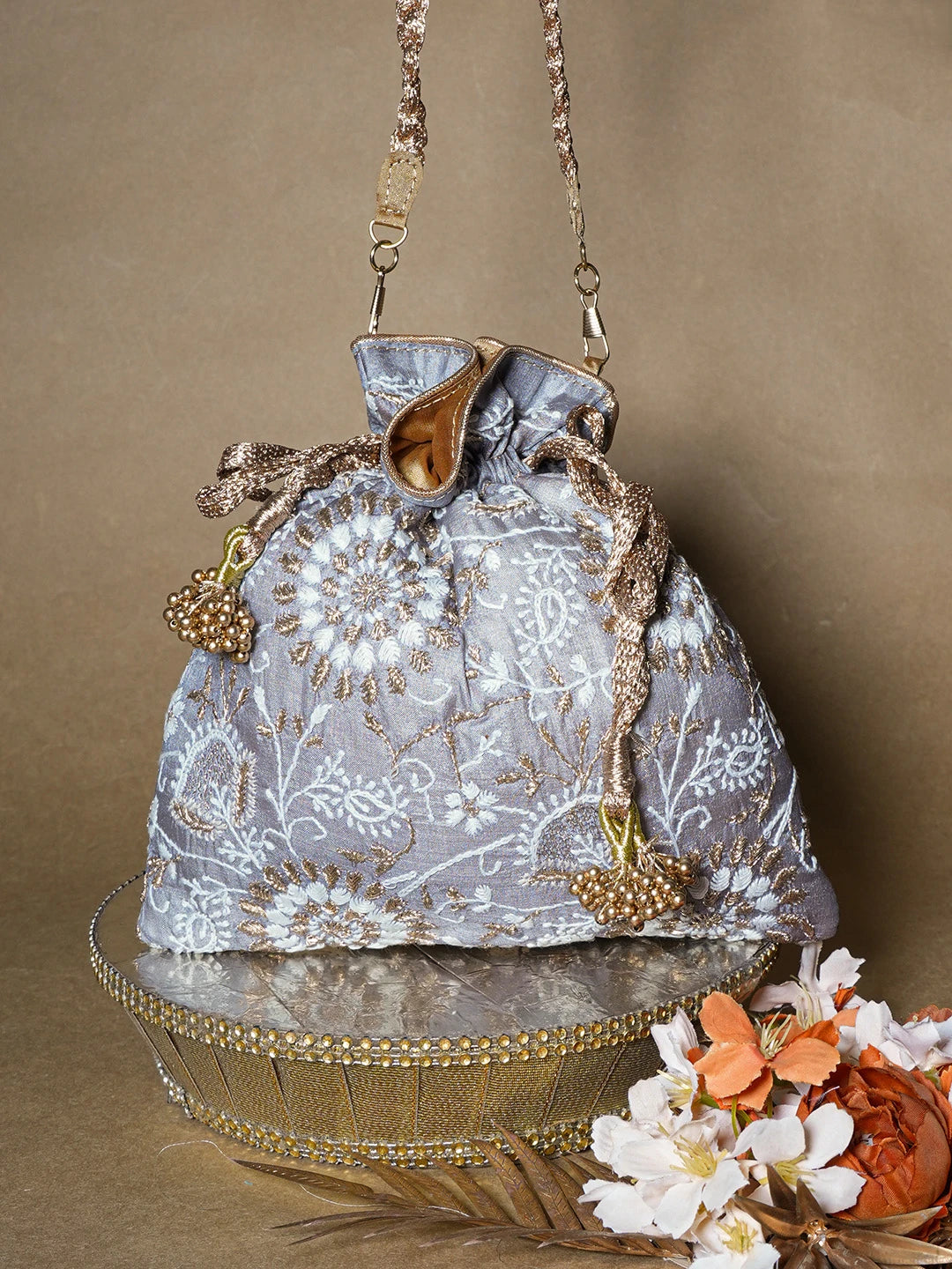 Ada Hand Embroidered Grey Silk Lucknowi Chikankari Potli Bag With Zari Work 01A662345