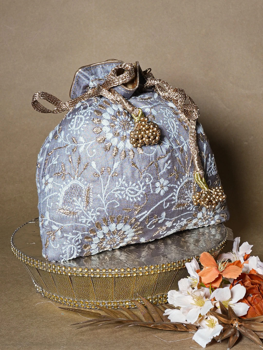 Ada Hand Embroidered Grey Silk Lucknowi Chikankari Potli Bag With Zari Work 01A662345