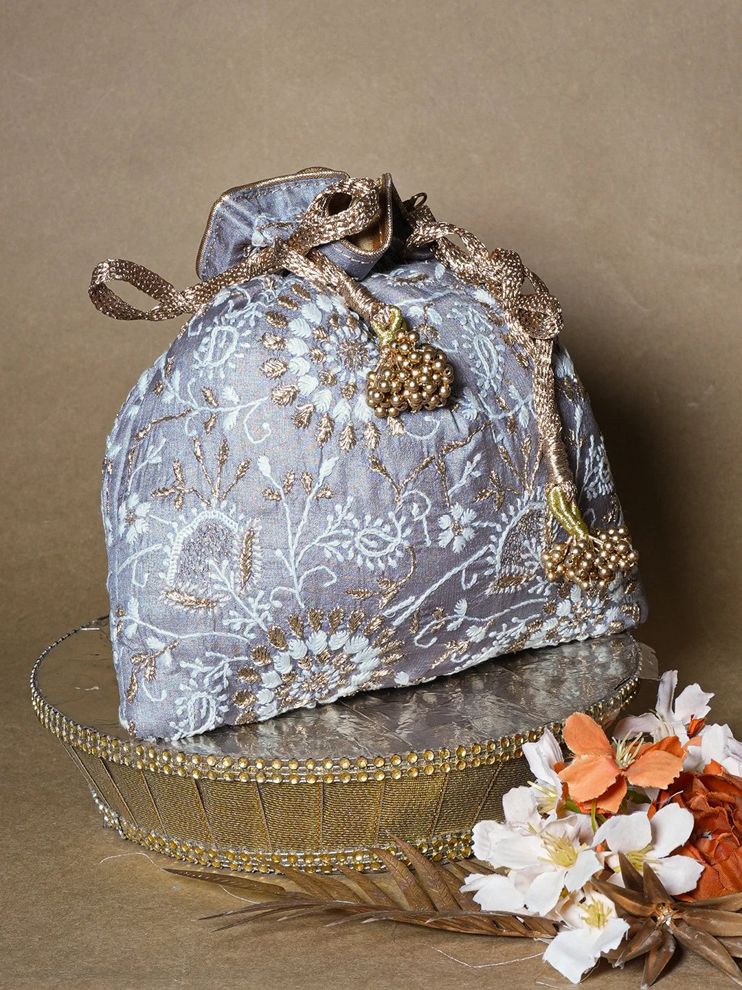 Ada Hand Embroidered Grey Silk Lucknowi Chikankari Potli Bag With Zari Work 01A662345