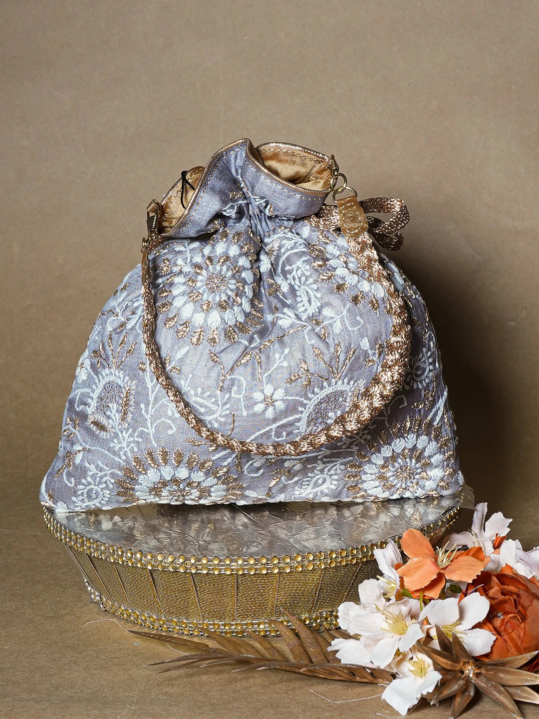 Ada Hand Embroidered Grey Silk Lucknowi Chikankari Potli Bag With Zari Work 01A662345